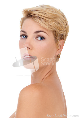 Image of Skincare, portrait and woman with beauty in studio, white background and dermatology mock up. Confident, model and girl with pride from healthy glow on skin from cosmetics, makeup or hairstyle