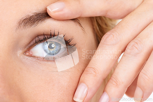 Image of Eye, vision and face closeup of woman for optical care and eyelash extension with wellness. Eyebrows, model and natural with person and cosmetics with microblading and beauty with health or mascara