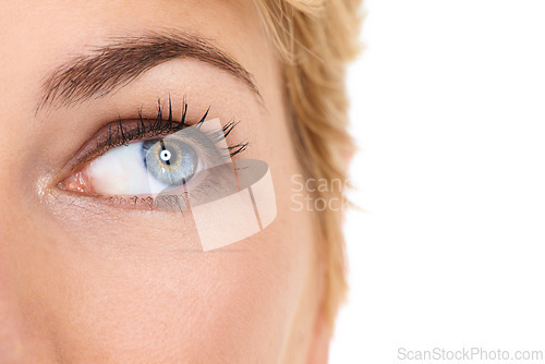 Image of Closeup, eye and woman with beauty, vision and neutral eyeshadow isolated on white studio background. Person, cosmetics and girl with glamour look and mascara lashes with makeup or eyesight with iris