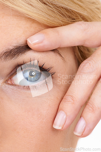 Image of Eye, wellness and face closeup of woman for optical care and eyelash extension with microblading. Eyebrows, model and natural with person and cosmetics with vision and beauty with health or mascara