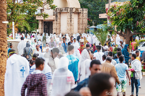 Image of Orthodox Christian pilgrim at worship on the street during Easter holiday. Bahir Dar, Ethiopia