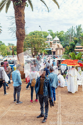 Image of Orthodox Christian pilgrim at worship on the street during Easter holiday. Bahir Dar, Ethiopia