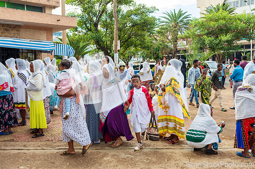 Image of Orthodox Christian pilgrim at worship on the street during Easter holiday. Bahir Dar, Ethiopia