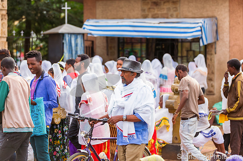 Image of Orthodox Christian pilgrim at worship on the street during Easter holiday. Bahir Dar, Ethiopia