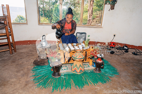 Image of Ethiopian traditional Coffee ceremony, crafting street bunna coffee, Debre Libanos Etiopia