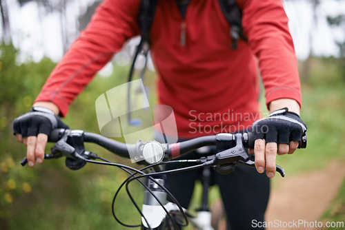 Image of Hands, bike and cyclist person in countryside for fitness, health or off road hobby closeup. Exercise, sports and training with athlete holding handlebar for cycling on path or trail in nature