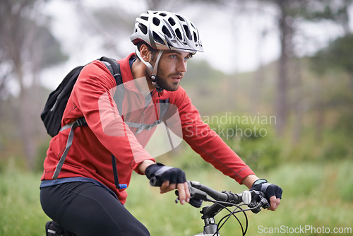 Image of Health, bike and man cycling on forest field for adventure, discovery or off road sports hobby. Exercise, fitness and wellness with serious young cyclist in nature for cardio training or workout