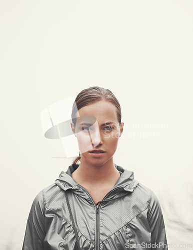 Image of Woman, portrait and fitness in nature with fog for hiking, exercise or workout outdoor with confidence. Athlete, person and face with mockup space for running, training or sportswear for healthy body