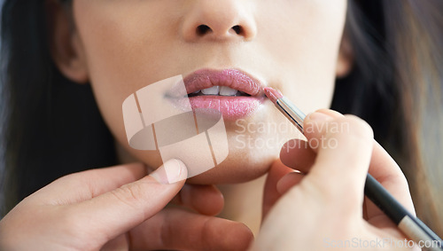 Image of Hands, lipstick and makeup artist of gloss on mouth, woman and skincare or cosmetics and aesthetic. Female person, closeup and facial treatment for beauty, application and grooming for dermatology