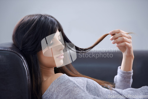 Image of Hair, woman relax on sofa and beauty in studio, cosmetology and makeup isolated on white background. Check haircare, wellness and cosmetic care, salon or keratin treatment for growth and shine