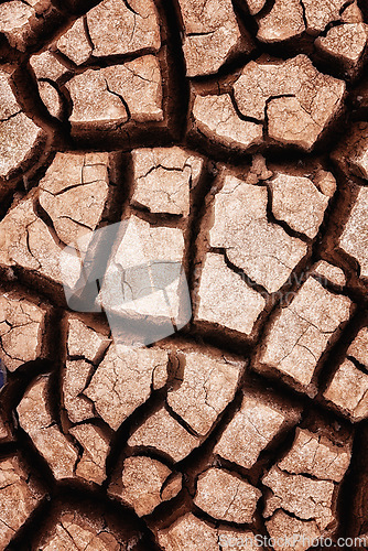 Image of Arid climate, desert and top view of dry ground, nature and landscape with drought, environment and land in Africa. Texture, pattern and cracked Earth with natural background, soil and terrain