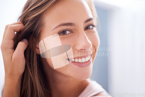 Image of Beauty, happy and portrait of woman in bathroom with cosmetic, health and wellness face treatment. Skincare, confident and female person with natural facial dermatology routine for glow at apartment.