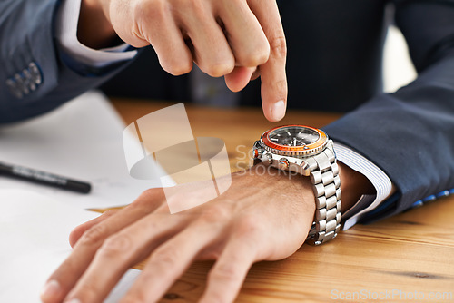 Image of Hands, desk and wristwatch to check time for deadline at office, paperwork and schedule for business. Closeup, interview and appointment for work with commitment, punctual and plan for meeting.