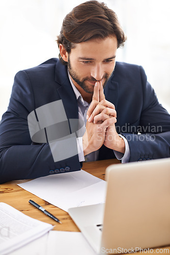 Image of Lawyer, man and office with laptop and thinking at work, smile and paperwork with information for court. Law firm, small business and document with idea for contract to report, case and regulation.