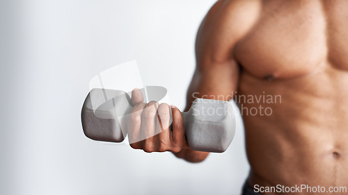 Image of Hand, dumbbell and arm workout for weightlifting routine for endurance challenge or fit muscle, training or wellness. Bodybuilder, bicep and equipment in Miami or white background, mockup or studio