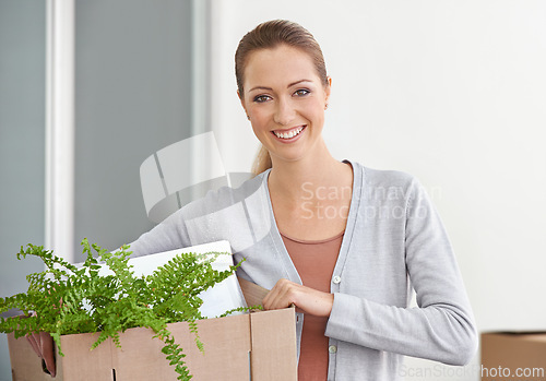 Image of Portrait, new home and woman with boxes, smile and real estate with rental apartment and excited. Person, plant and girl with achievement and personal development with package and property on a loan