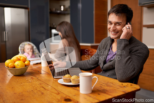 Image of Man, portrait and phone call in kitchen with laptop on a mobile for communication, remote work and freelancer. Male person, online and morning in home with digital tech, internet and reading emails