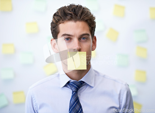 Image of Businessman, portrait and sticky note for brainstorming, office and professional workspace. Male person, company and confident for silent, startup and entrepreneur for career and corporate control