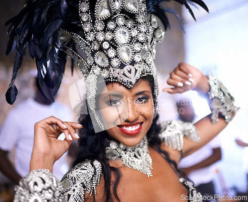 Image of Dancer, carnival and woman in portrait with smile, pride and culture with band for music performance in night. People, men and girl at event, party and celebration with tradition in Rio de Janeiro