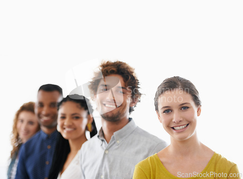 Image of Smile, portrait and team of business people in studio with mockup space for collaboration. Happy, pride and group of young colleagues with positive, good and confident attitude by white background.