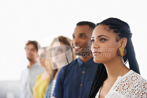 Image of Row, woman and group with diversity for hiring in line, waiting and happy for career opportunity. Recruitment, candidates and onboarding team with smile, confidence and interview process at company