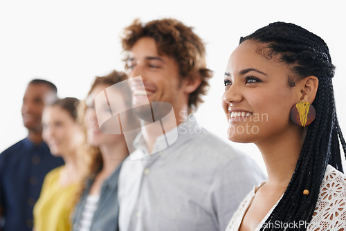 Image of Row, woman and group with diversity for recruitment in line, waiting and happy for career opportunity. People, candidates and onboarding team with smile, confidence and interview process at company