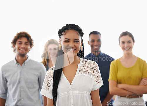 Image of Business woman, portrait and happy with teamwork in office for recruitment, onboarding or hiring process at work. Collaboration, professional workers and face with smile, diversity and creative team