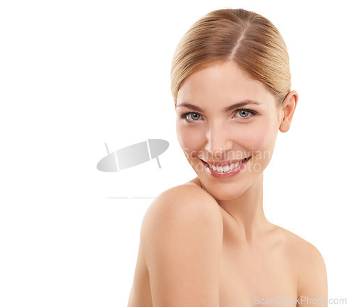 Image of Beauty, skincare and portrait of woman in studio mockup with cosmetics, confidence and natural glow. Dermatology, healthy skin and face of girl on white background space for facial, care and wellness