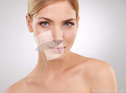 Image of Skincare, cosmetics and portrait of woman with confidence, beauty and natural facial in studio. Dermatology, healthy skin and face of girl on white background for luxury care, anti aging and wellness