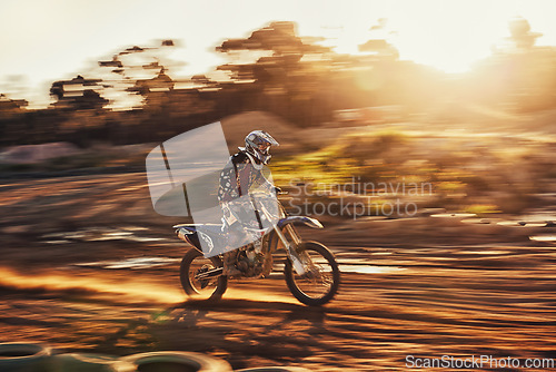 Image of Motion blur, race and man on dirt bike with adventure, adrenaline and speed in competition, Extreme sport, dust path and athlete on off road motorcycle for challenge, power or danger on fast course