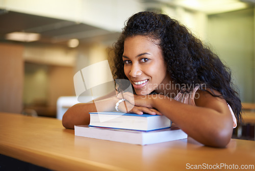 Image of Education, library and portrait of woman with books for knowledge, learning and studying at college. University, reading and person with textbook for literature, research and information at academy