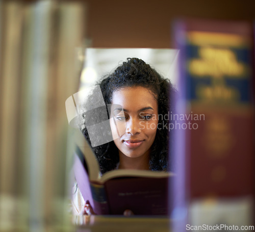 Image of Reading, bookshelf and woman with books in library for knowledge, learning and studying at college. University, education and person with textbook for literature, research and information at academy