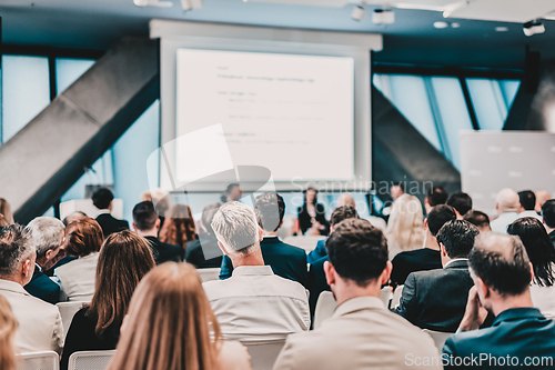 Image of Round table discussion at business conference meeting event.. Audience at the conference hall. Business and entrepreneurship symposium.