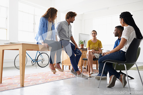 Image of People, meeting and planning in creative business, problem solving and communication for ideas. Employees, diversity and designers in meeting for project, collaboration and support in teamwork