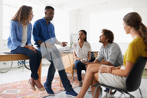 Image of People, discussion and planning in creative business, problem solving and communication for ideas. Employees, diversity and designers in meeting for project, collaboration and support in teamwork