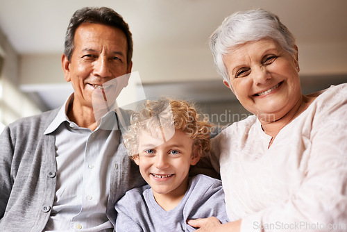 Image of Portrait, grandparents and boy with happiness, love and bonding together with joy or apartment. Family, face or old man with elderly woman, kid or grandchild with hug or cheerful with home or embrace