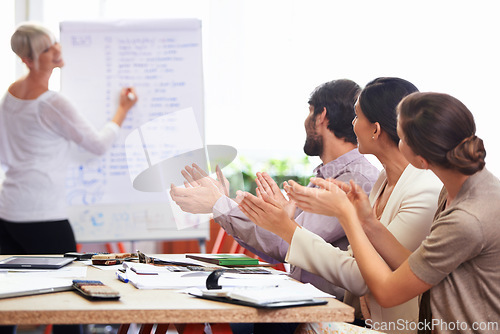 Image of Meeting, training and applause with team of business people in office boardroom for upskill development. Motivation, support or success with man and woman employee in workplace seminar or workshop