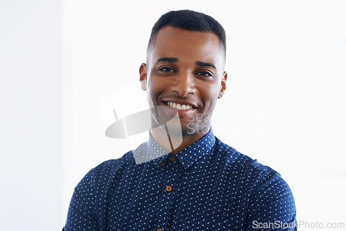Image of Businessman, portrait and smile confidence in studio as creative designer for project, small business or entrepreneur. Male person, face and white background in America for career, startup or mockup