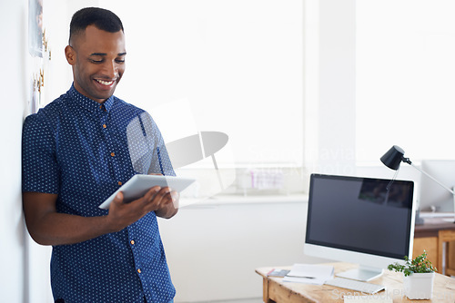 Image of Businessman, tablet and online in office for communication, internet search and networking in workspace. Entrepreneur, african employee and web developer with technology for screen email and smile