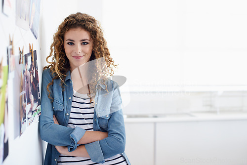 Image of Smile, crossed arms and portrait of woman in office planning project with vision board. Happy, career and confident professional female designer working on creative startup business in workplace.