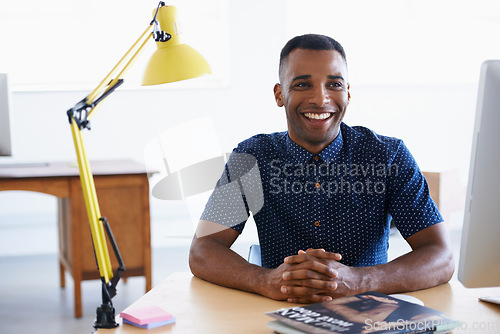 Image of Thinking, business and black man with smile, professional or entrepreneur with startup or PR consultant. African person, employee or consultant with magazine editor or publisher with creative project