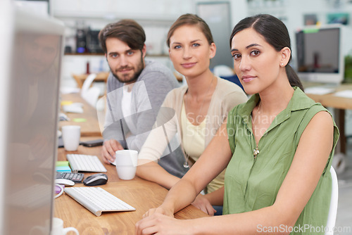 Image of Professional male person, women and portrait for meeting, and idea in strategy and company as software developers. Team, business and office by desk, tech and group sit together for collaboration