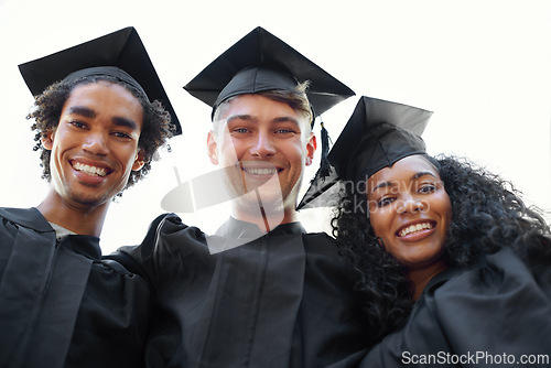 Image of Graduation, friends and portrait of students at university for learning, studying and knowledge on campus. Education, academy and men and woman hug for celebration, graduate ceremony and college