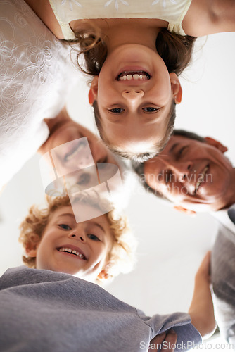 Image of Grandparents, children and portrait smile from below huddle together for bonding connection, vacation or retirement. Elderly couple, kids and face with low angle for holiday care, happiness or love