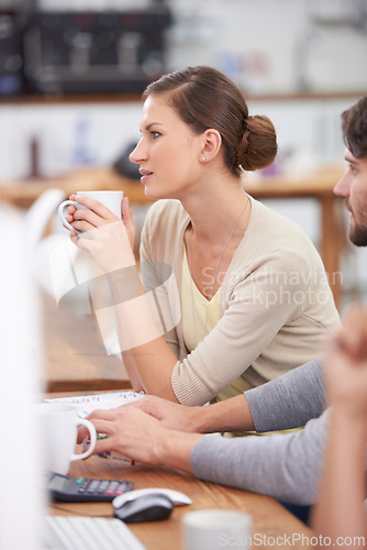 Image of Creative, coworking space and woman at desk with coffee, conversation and relax with work friends. Computer, office and professional business people at online agency for workshop, ideas and thinking