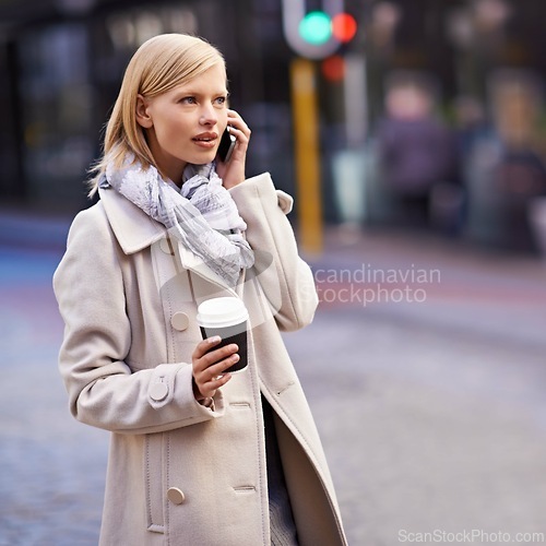 Image of City, phone call and business woman with coffee for travel, morning commute and journey. Connection, communication and person talking on smartphone for networking, conversation and discussion in town