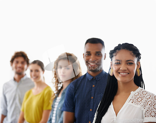 Image of Business woman, portrait and happy with teamwork in studio for recruitment, onboarding and hiring process with mockup. Collaboration, professional workers and face with diversity on white background