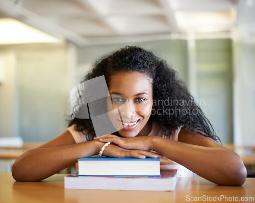 Image of Library, student and portrait of woman with books for knowledge, learning and studying at college. University, education and person with textbook for literature, research and information at academy