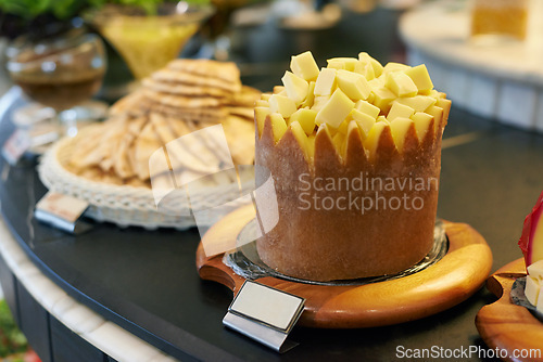 Image of Food, cheese and bread in restaurant display for catering service, buffet selection and banquet for eating. Cafeteria, fine dining and closeup of table for lunch, supper and dinner event for wellness