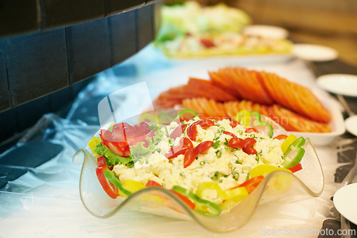 Image of Food, salad and buffet table at restaurant for catering service, lunch or dinner at event. Fine dining, banquet or meal at party for nutrition, health or diet with vegetables closeup for display